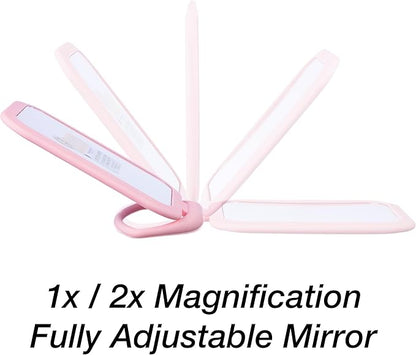 EXPRESSIONS Premium Soft Touch Rectangle Pink Vanity Mirror with 1x 2X Magnification, Rotating Handheld Tabletop Makeup Small Desk Travel