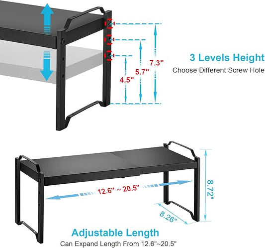 2 Pack Expandable Cabinet Countertop Shelves, Stackable Shelves Organizers For Kitchen Cabinet Countertop Storage, Adjustable Counter Cupboard Pantry Organizer Shelf Rack Stand, Length:20.5"