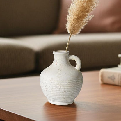 Sunddo White Ceramic Vase with Handles, Rustic Farmhouse Terracotta Small Vase, Pottery Decorative Flower for Home Decor, Table, Living Room, Bathroom, Shelf, Mantel Decor