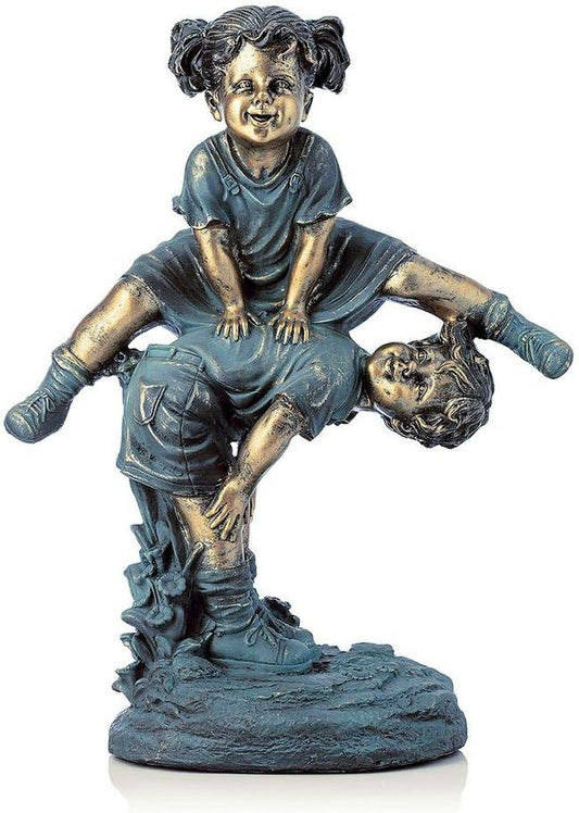 Alpine Corporation 26" Tall Indoor/Outdoor Girl Jumping Over Boy Statue Yard Art Decoration