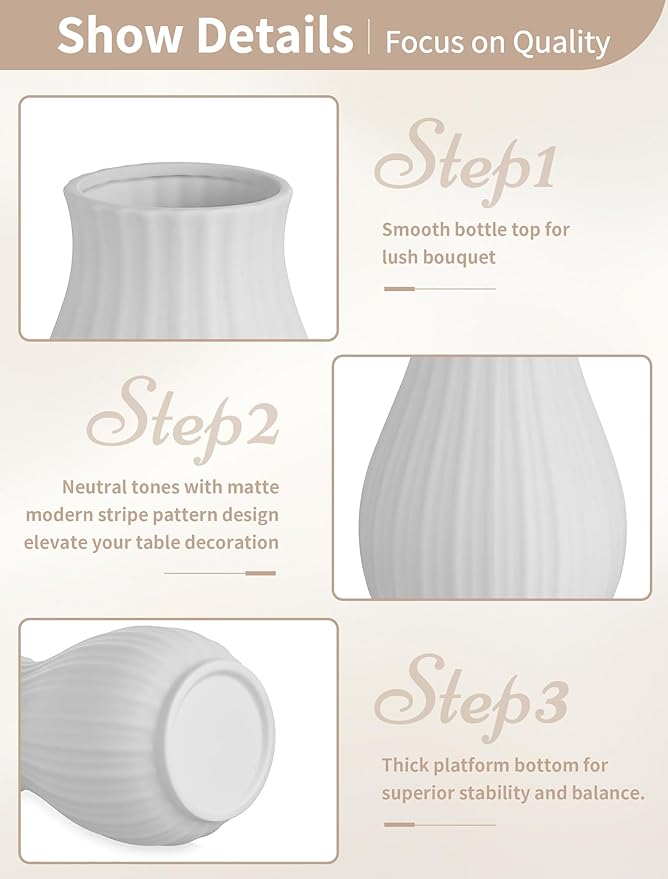NUPTIO Ceramic Flower Vase for Bouquet: 8.07" Tall White Vases for Home Decor - Modern Decorative Table Centerpiece for Living Dining Room Kitchen Decor