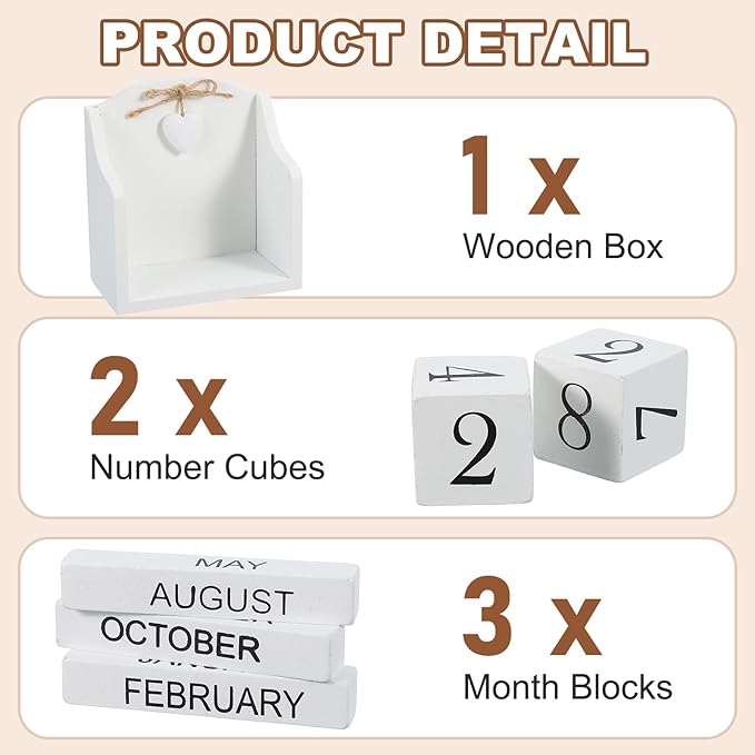 uxcell Wooden Desk Calendar, Wood Block Perpetual Calendar Vintage with 5 Blocks & Heart Reusable Month Date Display for Desk Office Home Desktop Decoration, White