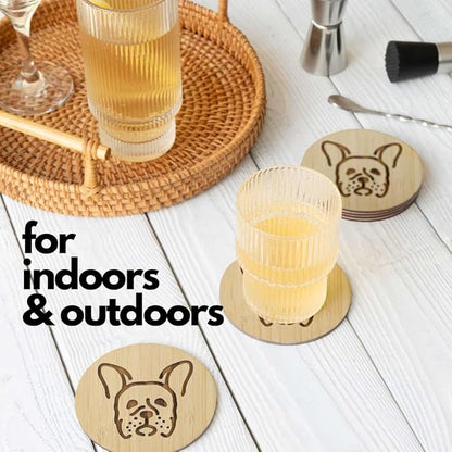 Set of 6 Bamboo Laser-Engraved Fun Dog Coasters with Iron Holder - Gift Packaging 3.9 Inch Non-Stick Absorbent Durable and Unbreakable Wooden Cup Coasters for Dog Lovers (French Bulldog)