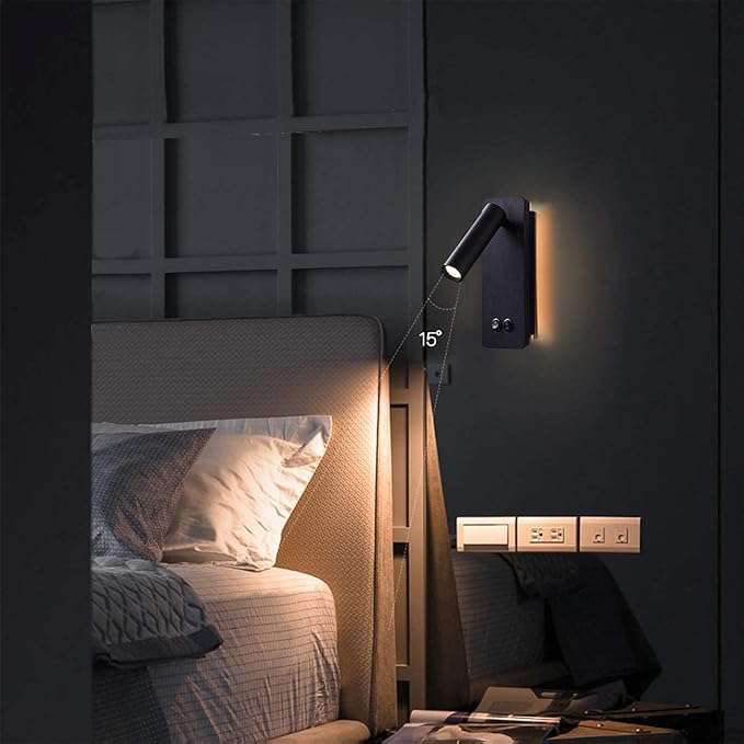 LED wall lamp and reading light two-in-one multifunctional wall sconces. LED Wall Lamp Plug in for Bedroom Bedside Wall Sconces Set of Two Black Reading Light 3W+6W Night Light 3000K(BLACK)