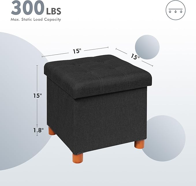 PINPLUS Storage Ottoman Cube, Linen Footrest with Wooden Legs, Foldable Fabric Footrest, Comfortable Seat with Lid, Ottoman with Storage for Living Room, 15"x 15"x 15"