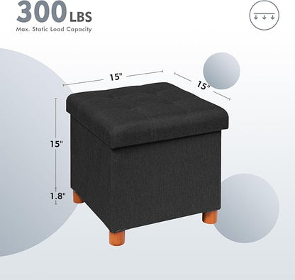 PINPLUS Storage Ottoman Cube, Linen Footrest with Wooden Legs, Foldable Fabric Footrest, Comfortable Seat with Lid, Ottoman with Storage for Living Room, 15"x 15"x 15"