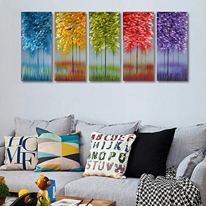 MyArton Handmade Metal Wall Art with Bog Life Multi-Colored Tree, 3D Abstract Design Artwork for Modern and Contemporary Decor, Indoor Outdoor Wall Decorations, 5-Panels Metal Art Measure 24"x 64"