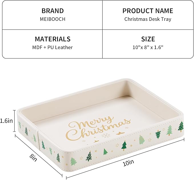 Desk Organizer Tray, PU Leather Valet Tray Nightstand Organizer Cologne Perfume Trays for Men Women, Decorative Vanity Trays Key Bowl Trinket Dish (Christmas Tree Pattern, 10" x 8" x 1.6")