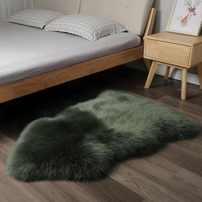 Premium Genuine Fur Sheepskin Rug Real Australia Sheepskin Natural Luxury Fluffy Lambskin Fur Area Rug Seat Covers for Kids Bedroom Sofa Chair Cover (Military Green, Single Pelt/2ft x 3ft)