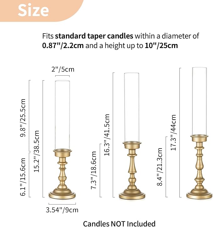 NUPTIO Hurricane Candle Holder for Centerpiece: Set of 3 Gold Candlestick Holders with Glass Shade - Vintage Taper Candleholder for Christmas Dining Table Fireplace Mantle Decor
