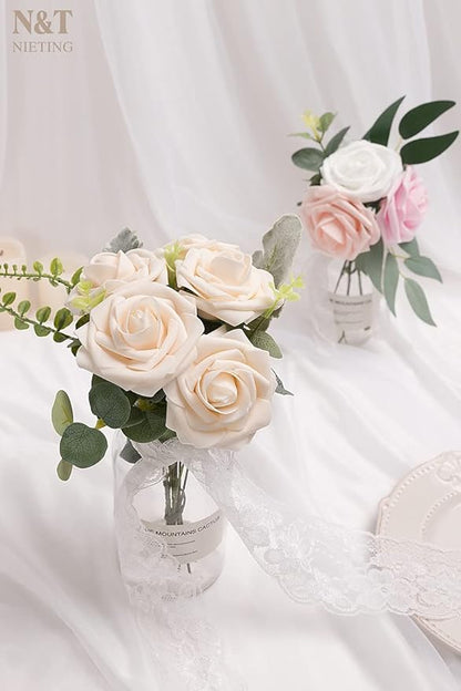 N&T NIETING Artificial Flowers, 25pcs Fake Flowers Bulk Perfect for DIY Fall Wedding Bridesmaid Bridal Bouquets Centerpieces Party Home Flower Arrangement Decoration, Cream Roses