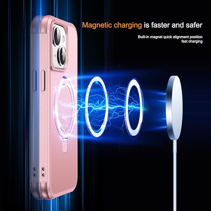 Compatible with iPhone 14 Plus Case with Invisible Magnetic O-Ring Stand Military-Grade Case for iPhone 14 Plus 6.7" [Compatible with Mag-Safe][Great Grip Feeling], Rose Gold