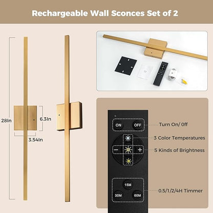 Gold Battery Operated Wall Sconces Set of Two Wireless，Modern Rechargeable Wall Lights Set of 2 with 10000mAh，Dimmable Led Wall Lamps for Living Room Bathroom Bedroom Hallway Headboard Indoor