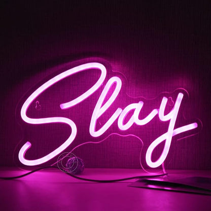 SYLHOME Pink Slay LED Neon Light Sign Cool Boys Girls Preppy Bedroom Game Play Room Desk Wall Decor Sign Club Pub Bar Man Cave Game Center Birthday Decoration USB 11.8" X 8"