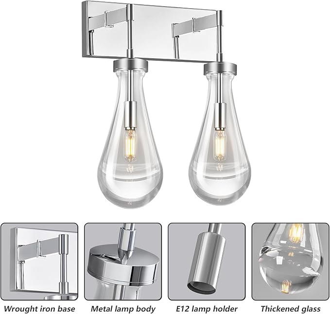 Raindrop Wall Sconces Chrome Crystal Sconces Wall Decor Modern Lighting Glass Bathroom Sconces Indoor Vanity Light Wall Lamp for Bedroom Living Room Stair(2-Light)