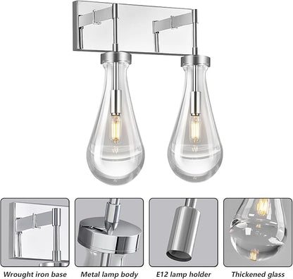 Raindrop Wall Sconces Chrome Crystal Sconces Wall Decor Modern Lighting Glass Bathroom Sconces Indoor Vanity Light Wall Lamp for Bedroom Living Room Stair(2-Light)