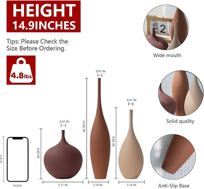 Ceramic Modern Vase Set of 3 Farmhouse Decorative Vase Minimalist Aesthetic Vases for Centerpieces Matte Ribbed Vases for Home Decor Table Entryway Living Room (Brown+Khaki+ Dark Red)