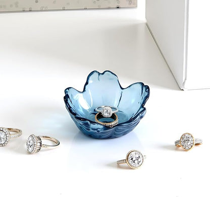 Crystal Blue Flower Ring Dish Jewelry Tray, Decorative Glass Trinket Dish, Modern Accent Tray for Vanity