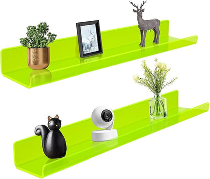 ROYALITA 24 Inches Acrylic Floating Book Shelves Wall Mounted Set of 2, Wall Hanging Plant Display Shelves, Room Decor Floating Wall Shelves for Gaming Room, Bedroom, Living Room, Office, Gree