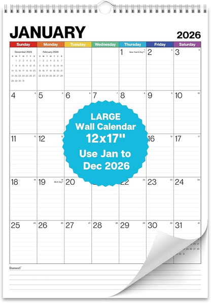 Dunwell Large Wall Calendar 2026, 12x17 (Colorful), Big Grid 12 x 17 Hanging Monthly Calendar with Large Daily Blocks, Premium Paper, Use Jan to Dec 2026