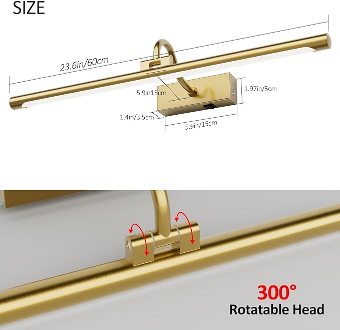 Aipsun 23.6" Brass Picture Lights for Wall Rechargeable,12000mAh Battery Operated Art Light for Paintings,3CCT Dimmable, Rotatable Gallery Light for Pictures Display