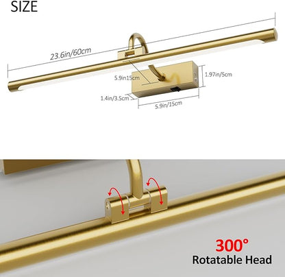 Aipsun 23.6" Brass Picture Lights for Wall Rechargeable,12000mAh Battery Operated Art Light for Paintings,3CCT Dimmable, Rotatable Gallery Light for Pictures Display