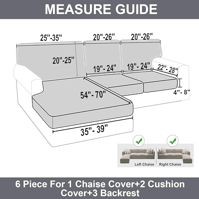 NAISI Sectional Couch Covers 6 Pieces Velvet Couch Cushion Covers L Shape Soft Stretch Sofa Slipcovers with 2pcs Pillowcases for Left/Right Chaise Sectional Couch(2 Seater+1 Chaise+3 Back,Light Grey)