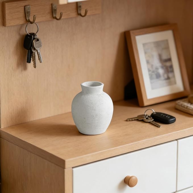 Handmade White Ceramic Vase - 6.1 Inch Farmhouse & Boho Decor for Living Room, Rustic Wabi-Sabi Centerpiece for Wedding, Fireplace Mantel