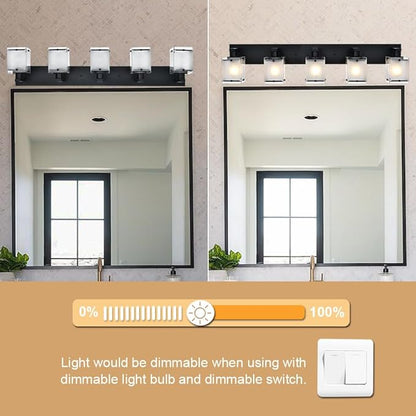 5-Lights Bathroom Light Fixtures, Matte Black Modern Vanity Lights with Rectangular Frosted Glass for Over Mirror Dressing Table, E26 Bulb Base