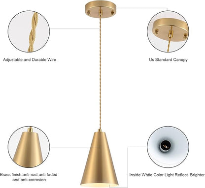 Dijiahua Brass Pendant Lights Kitchen Island,Gold Dining Room Light Fixtures Over Table with Cone Metal Shade, Modern Vintage Mini Chandeliers,Adjustable Cord Hanging Lighting for Bar,Sink.(1 Pack)