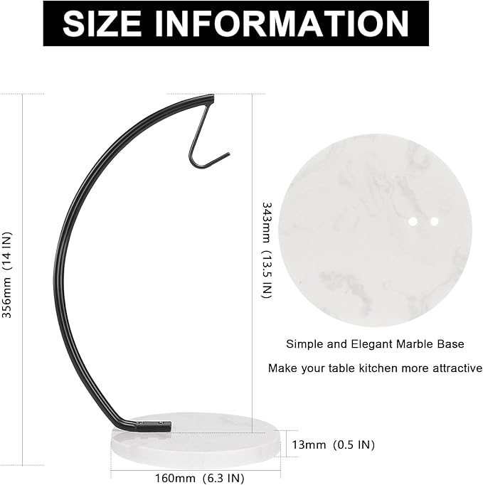 Livabber Banana Holder with Marble Base, Metal Banana Hanger Modern Tree Stand with Hook, Stylish Banana Keeper Fresh Fruit Storage Organizer Freestanding for Kitchen Countertop (Black, Single Hook)