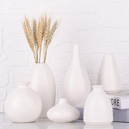 Set of 6 Matte White Small Vases for Flowers, Ceramic Bud Vase Bulk Boho Centerpieces for Tables, Mini Short Vase Modern Bulk Wedding Centerpieces Ikebana Vases for Bridal Shower/House Warming Gift