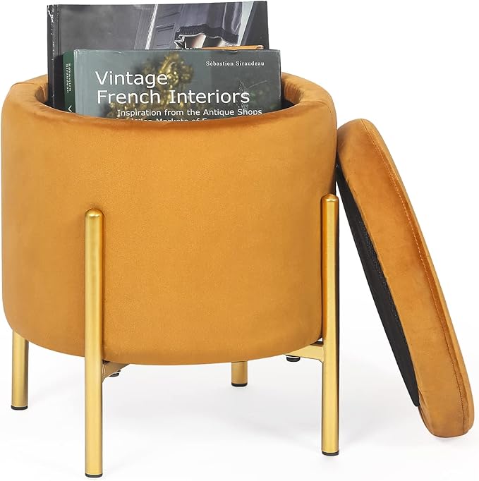 Adeco Upholstered Tufted Round Storage Ottomans, Orange Modern Velvet Footrest Ottomans with Storage for Couch