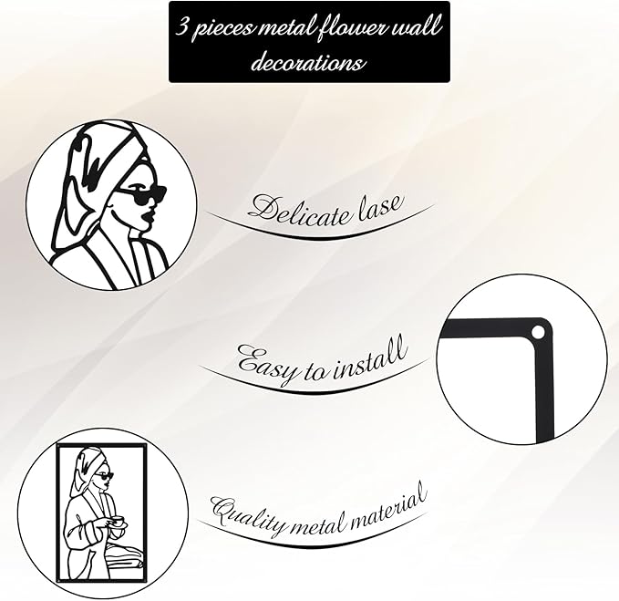 CHENGU 3 Pieces Metal Minimalist Abstract Woman Wall Art Line Drawing Wall Art Decor Single Line Female Home Hanging for Kitchen Bathroom Living Room