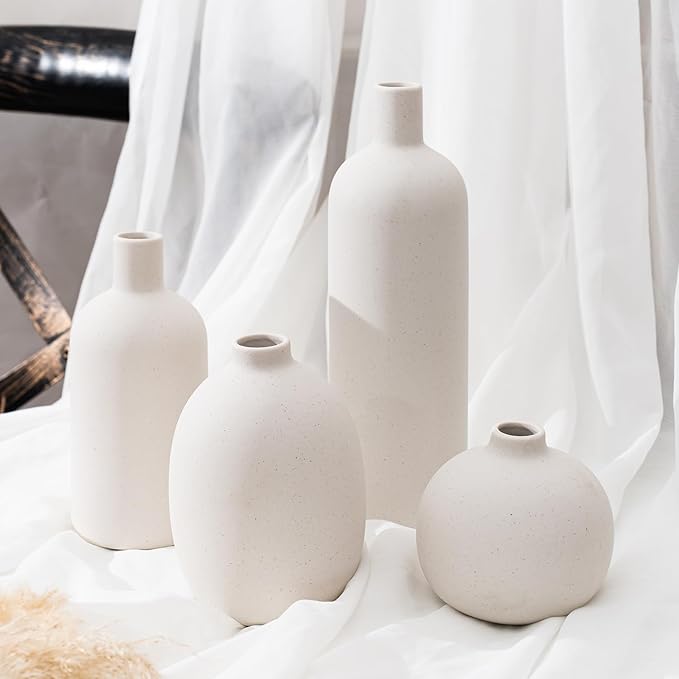 Ceramic Vase Set of 4, Modern Minimalist Colors Home Decor, White Decorative Flowers Vases for Bouquet, Pampas | Table Mantel Centerpiece Bookshelf Living Room Bedroom (White Set of 4)