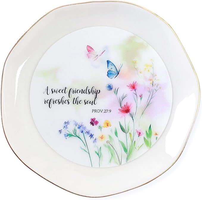 HOME SMILE Friend Chritian Gifts for Women Jewelry Ring Dish Tray with Dynamic Butterfly&Flower Pattern Shifts,A Sweet Friendship Refresh the Soul-Best Friend BFF Birthday Graduation Retirement Gifts