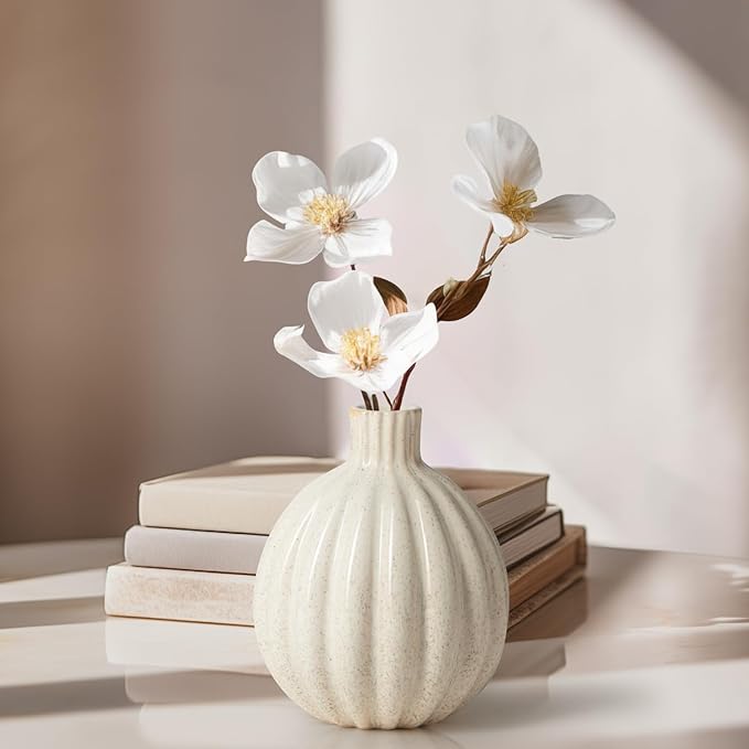 Torre & Tagus Allium Reactive Glaze Ceramic Bud Vase - 5 Inch Small Flower Vase & Small Ceramic Vases for Flowers, Handmade Ribbed Bud Vases for Home Decor & Wedding Decor for Table