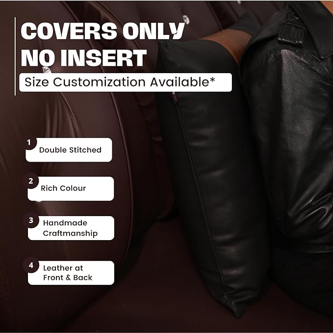 D DOLLY LAMB Lambskin Leather Pillow Cover - Sofa Cushion Case - Decorative Throw Covers for Living Room & Bedroom, 22x22 Inches - Black and Tan Crunch Plain