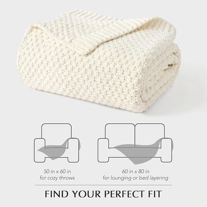 EVERGRACEHOME Chunky Chenille Knit Throw Blanket for Couch, Soft Luxurious Moss Stitch Blankets for Bed, Cozy Decorative Farmhouse Knitted Throws for Sofa, Ivory White, 60" x 80"