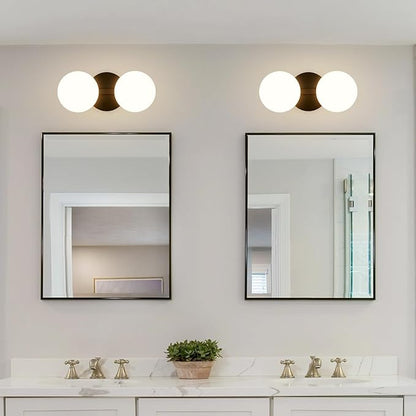 Black Bathroom Vanity Light Fixtures: Modern Wall Scones With 2 Milk Glass Shades - Globe Makeup Lighting Fixture over Mirror - Brass Ball Powder Room Vanities Lights for Hallway Bedroom Bulb Excluded