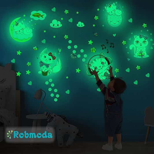 Glow in The Dark Stars for Room,Cats Glowing Wall/Ceiling Decals, Kitten Butterflies Stickers for Kids Bedroom, Clouds Bees Luminous Wall Decor for Boy and Girl Living Room