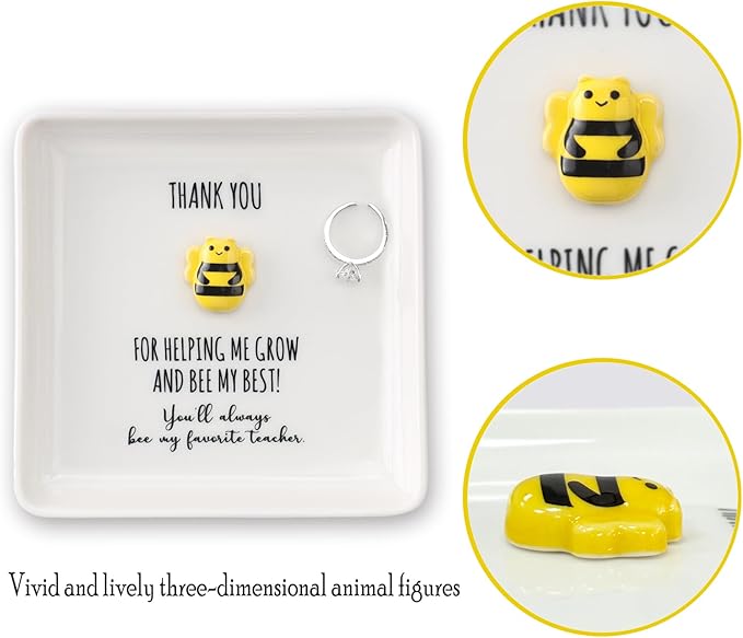 HOME SMILE Christmas Gifts for Women Teacher Bulk- Bee Ring Dish Jewelry Tray-Teachers Day Graduation Appreciation Thank You School Gifts-Stocking Stuffers for Teacher Under 10