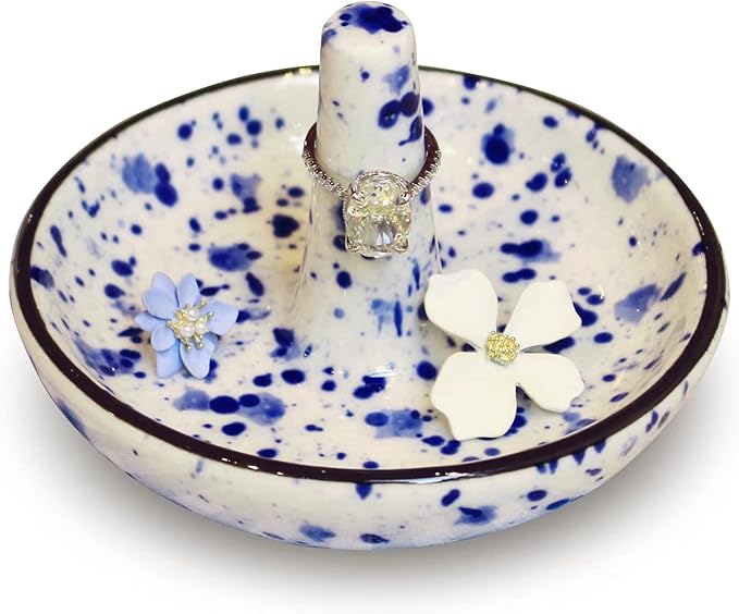 Wedding Ring Holder - Ceramic Ring Stand With Jewelry Plate, Blue Dots Jewelry Holder for Rings, Earrings, Necklace Organizer - Gift for Mom, Bridesmaid, Engagement