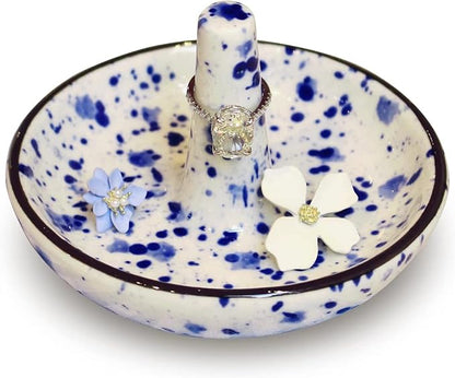 Wedding Ring Holder - Ceramic Ring Stand With Jewelry Plate, Blue Dots Jewelry Holder for Rings, Earrings, Necklace Organizer - Gift for Mom, Bridesmaid, Engagement