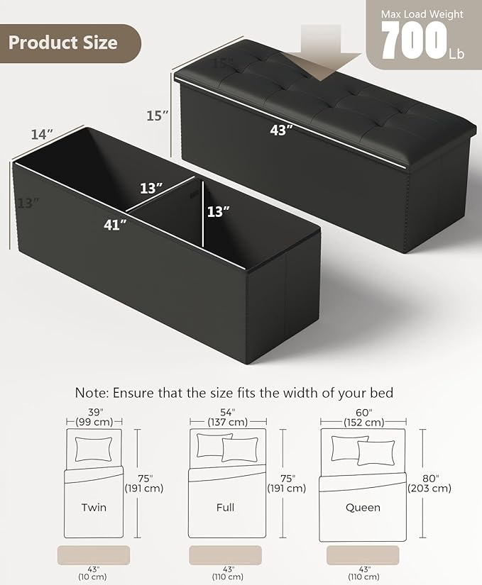 Folding Storage Ottoman Bench, Multi-Functional Ottoman Foot Rest, End of Bed Bench, Storage Chest for Living Room, Bedroom, Hallway, Entryway, Holds Up to 600 lbs (Black, 43 Inches)