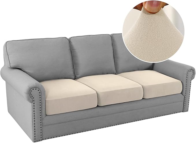 H.VERSAILTEX Fleece Couch Cushion Covers Stretch Couch Covers for 3 Cushion Couch Sofa Thick and Soft Couch Covers Washable (3 Piece Sofa Cushion Cover, Ivory)