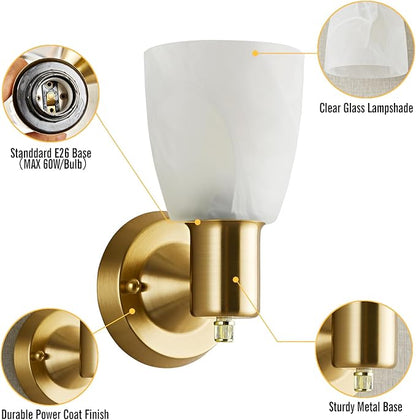 Wall Sconces Set of 2, Gold Vanity Lights for Bathroom, Modern Wall Light Fixtures with Rotary Switch, Wall Mount Light with Frosted Glass, Farmhouse Lamp for Bedroom Living Room