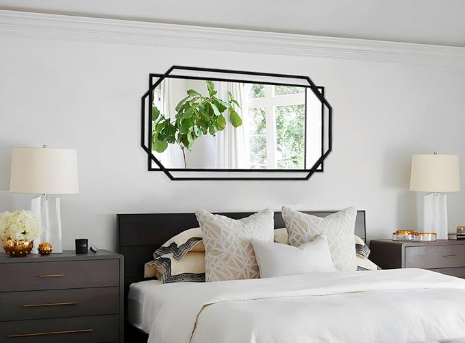55"x28" Black Large Decorative Bathroom Wall Mirror for Wall with Metal Frame, Modern Octagonal Horizontal Mirror for Living Room, Bedroom, Entryway
