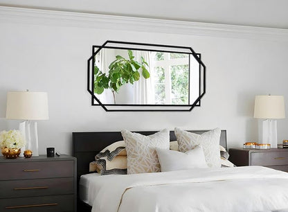 55"x28" Black Large Decorative Bathroom Wall Mirror for Wall with Metal Frame, Modern Octagonal Horizontal Mirror for Living Room, Bedroom, Entryway