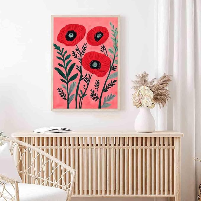 Red Poppy Wall Art Red Floral Poster Vintage Botanical Prints French Floral Artwork Antique Flower Pictures Pink Aesthetics Abstract Plants Wall Art Modern Living Room Decor 16x24inch No Frame